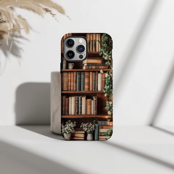 Protective iPhone Case Literary Bookshelf Phone Case Aesthetic Book Lover Vintage Cover Polycarbonate Cover Card Slot IP13/14 Magnetic MagSafe Compatible