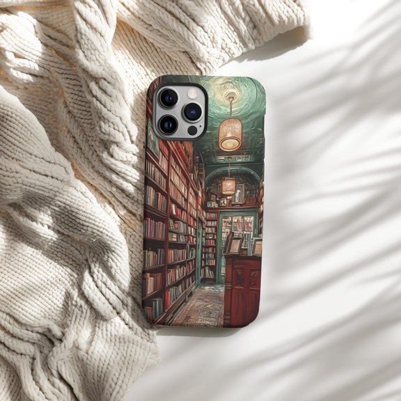 Protective iPhone Case Literary Bookstore Scene Phone Case for Bookish Fans IP13/14 Magnetic MagSafe Compatible