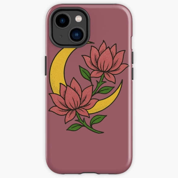 Protective iPhone Case Lotus Flower Moon Celestial Crescent Zen Meditation Heavy Duty Shockproof Hard Shell IP13/14 Magnetic MagSafe Compatible