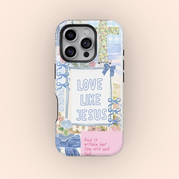 Protective iPhone Case Love Like Jesus Patchwork Religious Faith Cross Checked Collage Cover IP13/14 Magnetic MagSafe Compatible