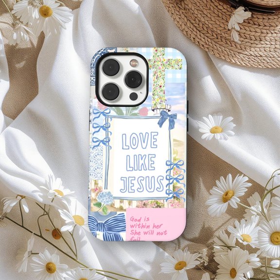 Protective iPhone Case Love Like Jesus Phone Case Patchwork Grand Millennial Preppy Coquette Design IP15 Magnetic MagSafe Compatible