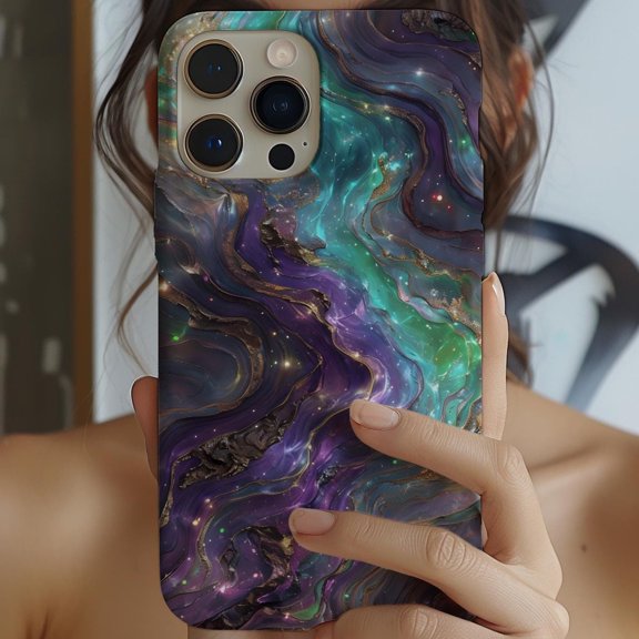 Protective iPhone Case Marble Swirl Phone Case Cosmic Abstract Celestial Space Aesthetic Layout IP16 Magnetic MagSafe Compatible