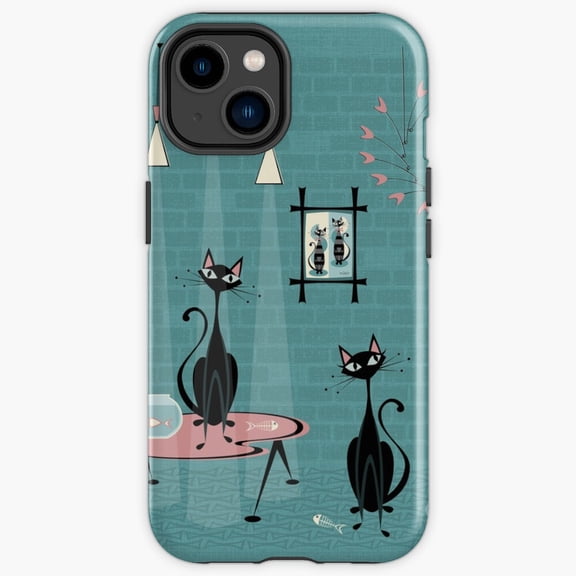 Protective iPhone Case Mid Century Mischief Three Retro Atomic 1950S Black Cats Mcm Shield IP13/14 Magnetic MagSafe Compatible
