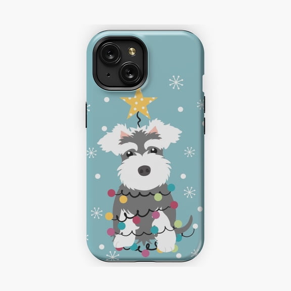 Protective iPhone Case Miniature Schnauzer Dog By Tree Festive Phone Case Wirehaired Puppy In Snowy Woods Shield IP15 Magnetic MagSafe Compatible