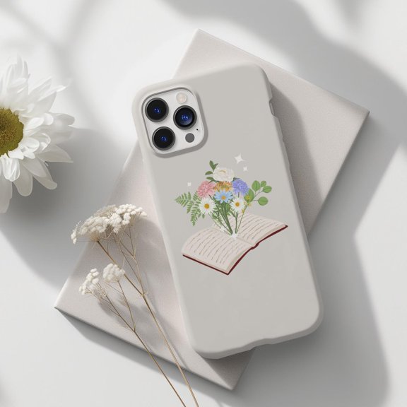 Protective iPhone Case Minimal Floral Bookish Phone Case with Reading Inspired Design IP15 Magnetic MagSafe Compatible
