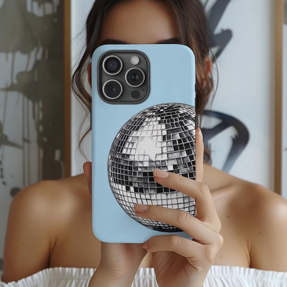 Protective iPhone Case Mirrorball Phone Case Disco Ball Retro Baby Blue Art IP13/14 Magnetic MagSafe Compatible