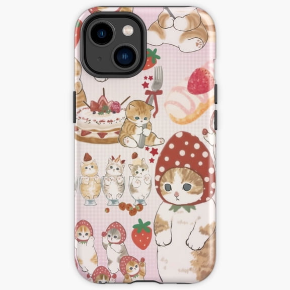 Protective iPhone Case Mofusand Strawberry Collage Cute Japanese Cat Fruit Pattern Cover IP16 Magnetic MagSafe Compatible