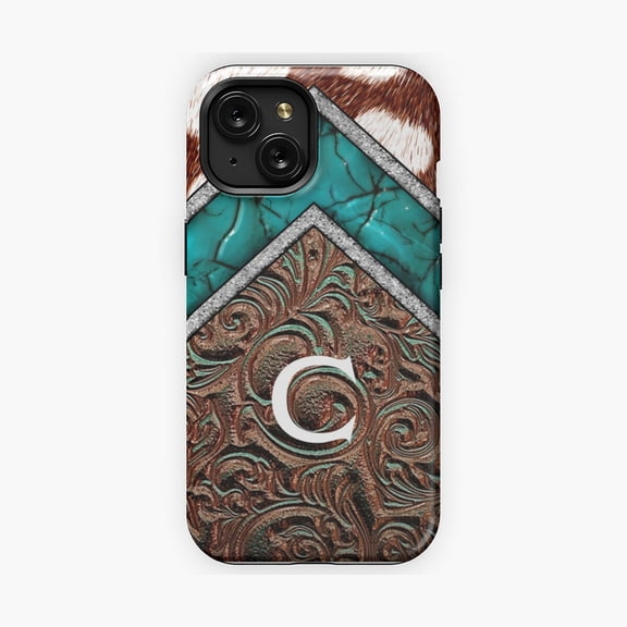 Protective iPhone Case Monogram C Teal Western Cowhide Country Style Phone Case Initial Cover IP16 Magnetic MagSafe Compatible
