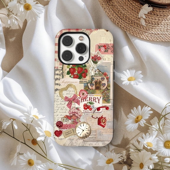 Protective iPhone Case Mood Board Y2K Weird Collage Phone Case Cherry Vintage Scrapbook Aesthetic IP13/14 Magnetic MagSafe Compatible