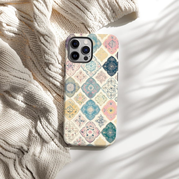 Protective iPhone Case Mosaic Boho Patchwork Phone Case Spring Pastel Moroccan Tile IP16 Pro Magnetic MagSafe Compatible