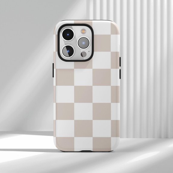 Protective iPhone Case Muted Beige Neutral Checkerboard Pattern Cell Phone Case Tough Case Aesthetic Cover IP13/14 Magnetic MagSafe Compatible