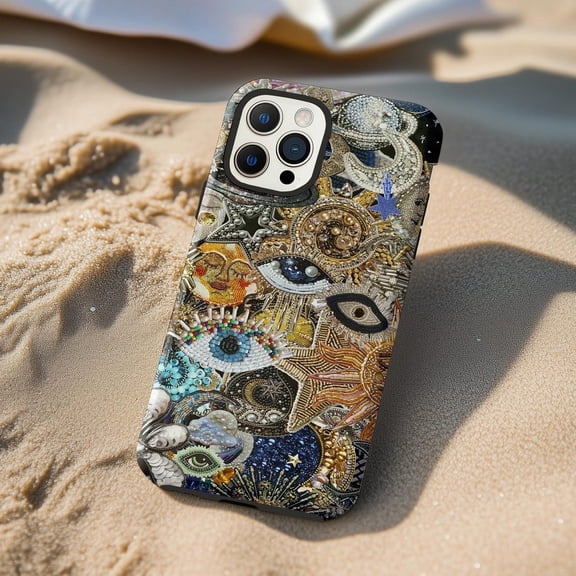 Protective iPhone Case Mystic Evil Eye Mosaic Collage Phone Case Celestial Sun Star IP16 Magnetic MagSafe Compatible