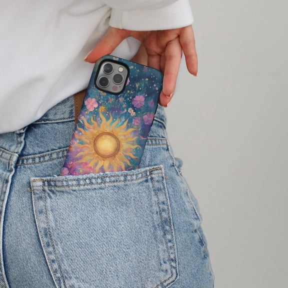 Protective iPhone Case Mystical Sun Phone Case Purple Celestial Astrology Design IP16 Magnetic MagSafe Compatible