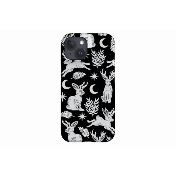 Protective iPhone Case Mythic Antler Rabbit Folklore Mystic Forest Design Black Shield IP13/14 Magnetic MagSafe Compatible