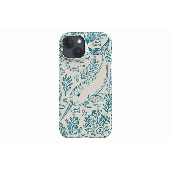 Protective iPhone Case Narwhal Beige Blue Ocean Coral Reef Art Heavy Duty Shockproof Hard Shell IP13/14 Magnetic MagSafe Compatible