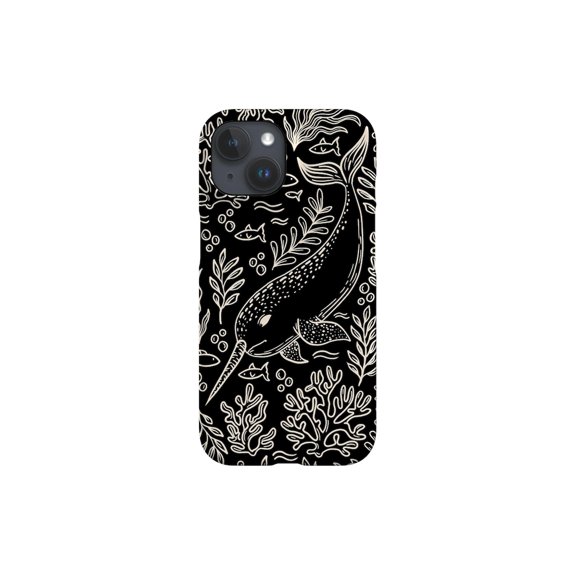 Protective iPhone Case Narwhal Black Base Ocean Coral Reef Art Heavy Duty Shockproof Hard Shell IP13/14 Magnetic MagSafe Compatible