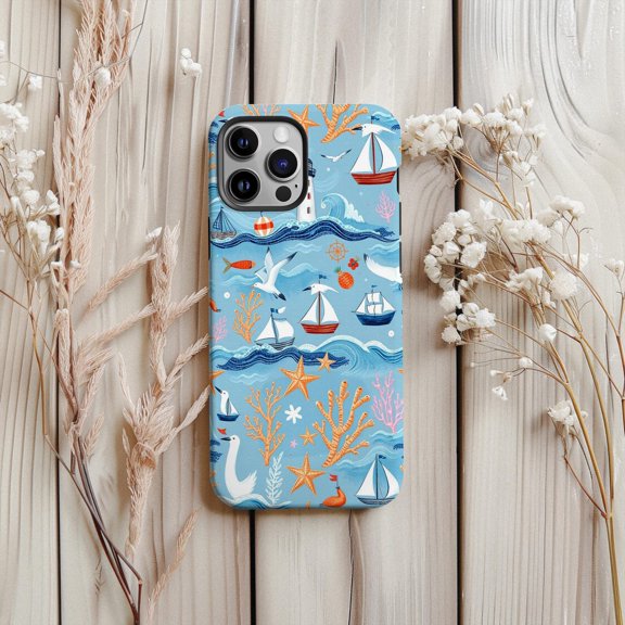 Protective iPhone Case Nautical Ocean Pattern Protective Cell Phone Case Coastal Sailboat Sea Cover IP16 Magnetic MagSafe Compatible