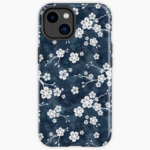 Protective iPhone Case Navy And White Cherry Blossom Pattern Japanese Sakura Heavy Duty Shockproof Hard Shell IP16 Magnetic MagSafe Compatible