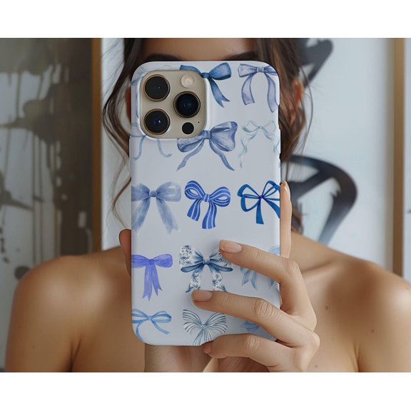 Protective iPhone Case Navy Blue Bow Phone Case Coquette Ribbon Aesthetic Cover Version IP15 Magnetic MagSafe Compatible