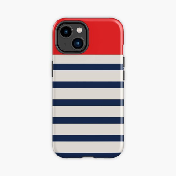 Protective iPhone Case Navy Red Nautical Stripe Phone Case IP13/14 Magnetic MagSafe Compatible