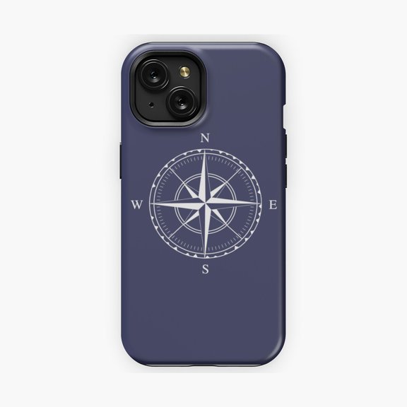Protective iPhone Case Navy White Nautical Compass Rose Phone Case IP15 Pro Magnetic MagSafe Compatible
