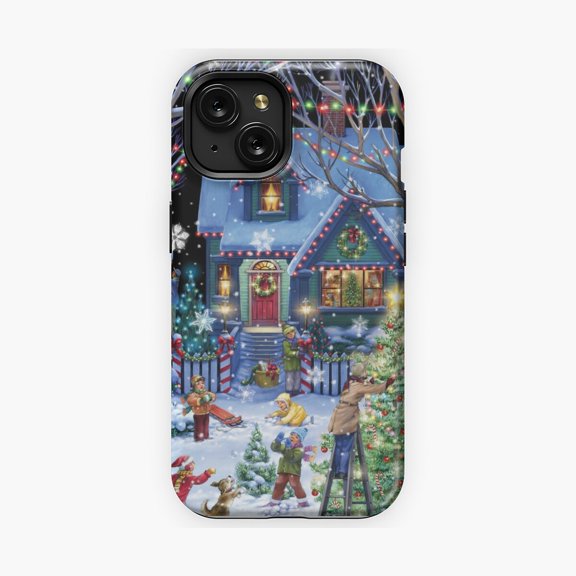 Protective iPhone Case Neighborhood Winter Decorating Festive Scene Phone Case Snowy Row Houses Lighting Guard IP13/14 Magnetic MagSafe Compatible