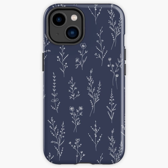 Protective iPhone Case New Wildflowers Pattern Dark Blue Midnight Meadow Heavy Duty Shockproof Hard Shell IP13/14 Magnetic MagSafe Compatible