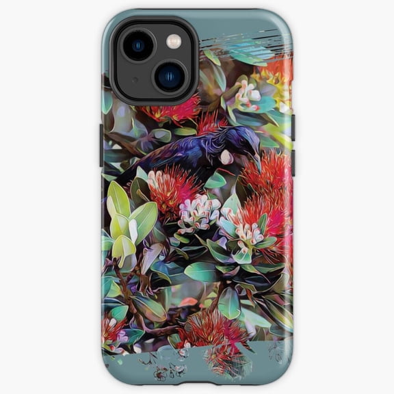 Protective iPhone Case New Zealand Tui In A Pohutukawa Tree Crimson Native Bird Heavy Duty Shockproof Hard Shell IP16 Magnetic MagSafe Compatible