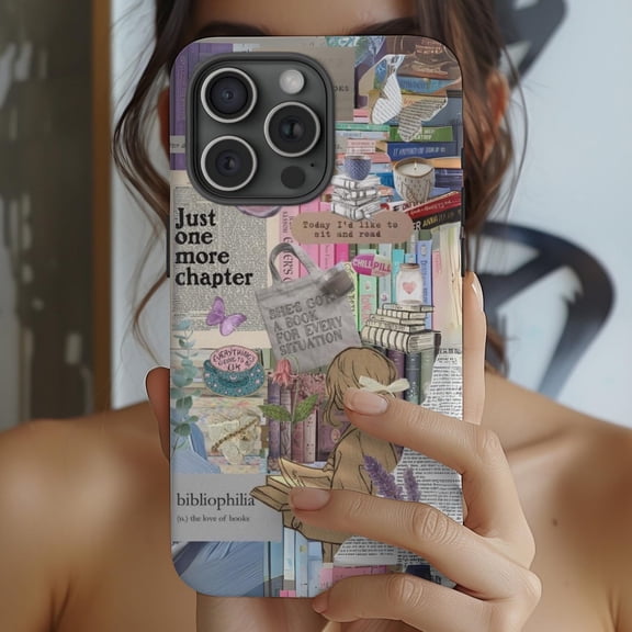 Protective iPhone Case Newspaper Collage Phone Case Bookish Reading Theme IP16 Magnetic MagSafe Compatible