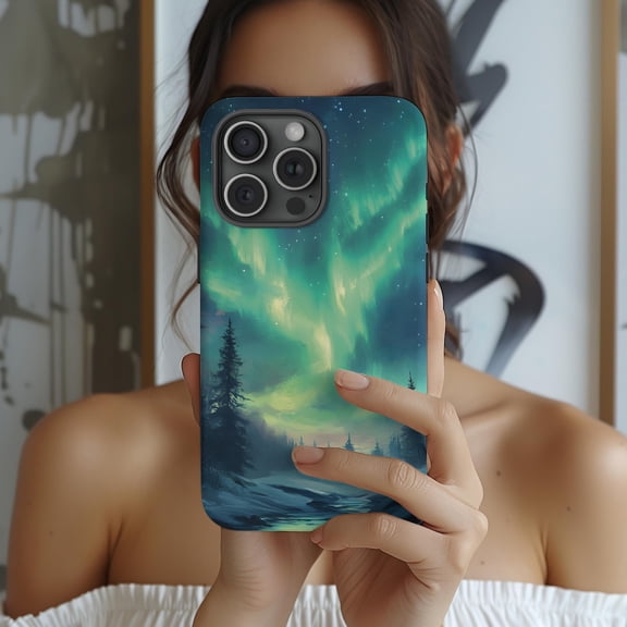 Protective iPhone Case Northern Lights Phone Case Celestial Nature Scene Whimsy Art IP13/14 Magnetic MagSafe Compatible
