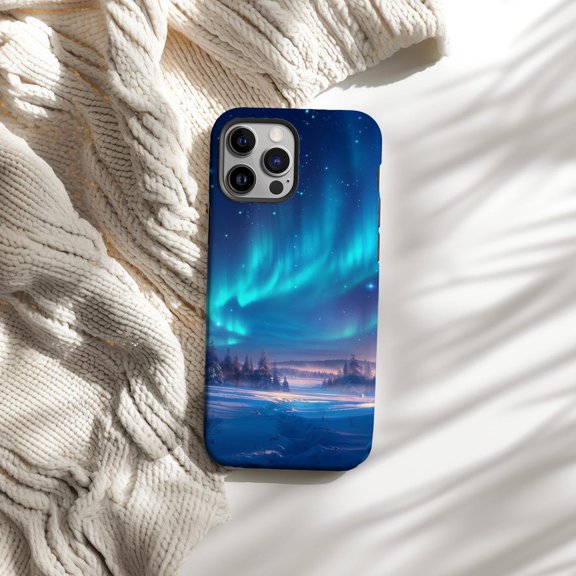 Protective iPhone Case Northern Lights Winter Night Sky Scenery Aurora Borealis Forest Shield IP16 Magnetic MagSafe Compatible