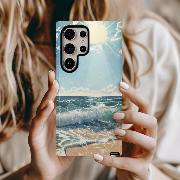 Protective iPhone Case Ocean Beach Scene Phone Case Summer Waves Sea Sand Sun Design IP13/14 Magnetic MagSafe Compatible