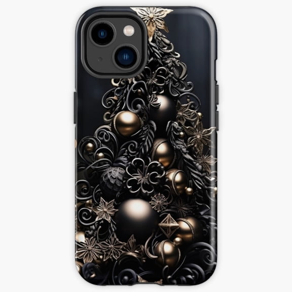 Protective iPhone Case Ornate Black And Gold Winter Tree Print Abstract Line Impact Case IP13/14 Magnetic MagSafe Compatible