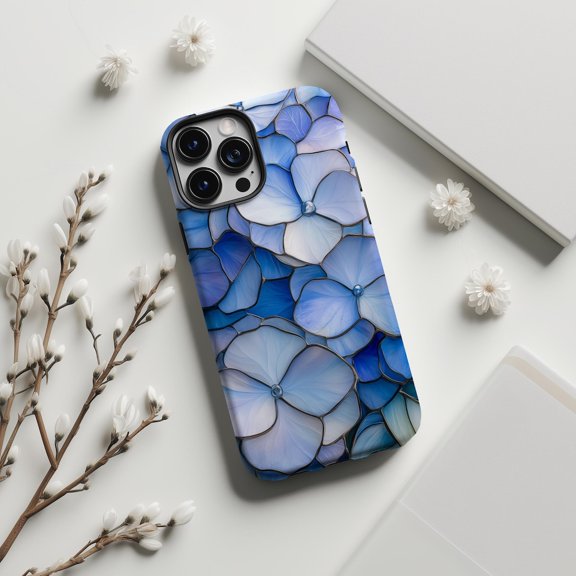 Protective iPhone Case Pastel Blue Hydrangea Stained Glass Style Faux Glass Mosaic Shield IP15 Magnetic MagSafe Compatible