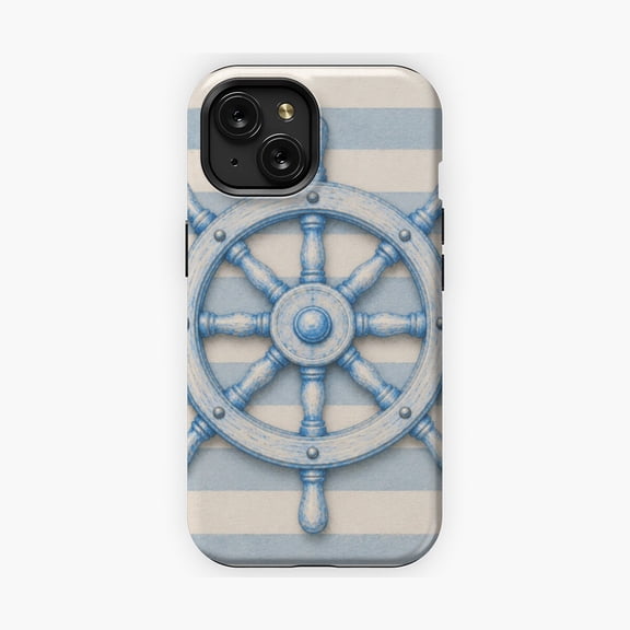 Protective iPhone Case Pastel Blue Ship Wheel Nautical Phone Case IP13/14 Magnetic MagSafe Compatible