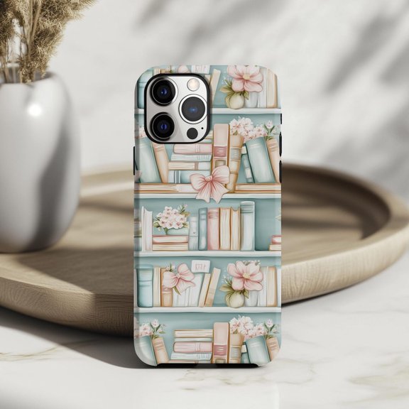 Protective iPhone Case Pastel Bookshelf Floral Phone Case Coquette Bow Soft Teal Book Lover Design IP13/14 Magnetic MagSafe Compatible