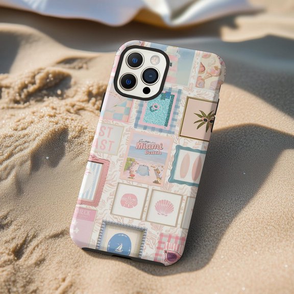 Protective iPhone Case Pastel Coastal Collage Phone Case Beach Vibe Seassummer IP13/14 Magnetic MagSafe Compatible