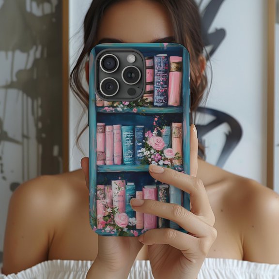Protective iPhone Case Pastel Floral Bookshelf Phone Case Pink Blue Autumn Design IP16 Magnetic MagSafe Compatible