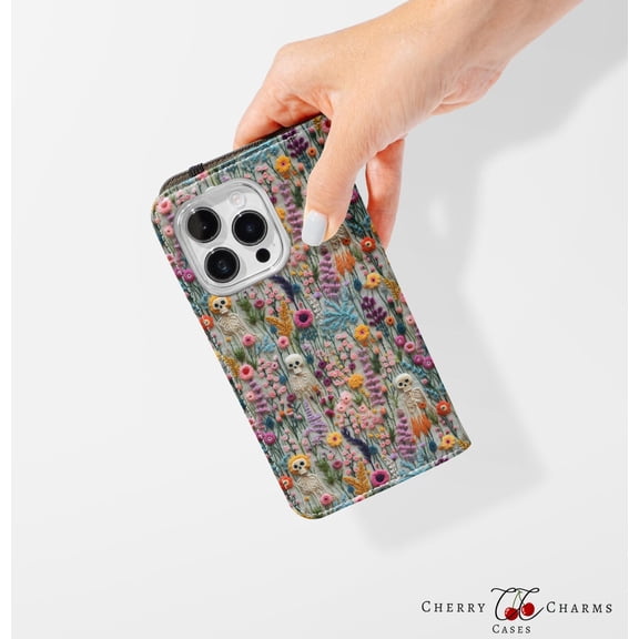 Protective iPhone Case Pastel Floral Flip Case Faux Leather Wallet Flower Aesthetic Folio Cover IP15 Magnetic MagSafe Compatible