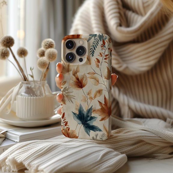 Protective iPhone Case Pastel Forest Leaf Fall Nature Aesthetic Botanical Frond Outline Cover IP16 Magnetic MagSafe Compatible