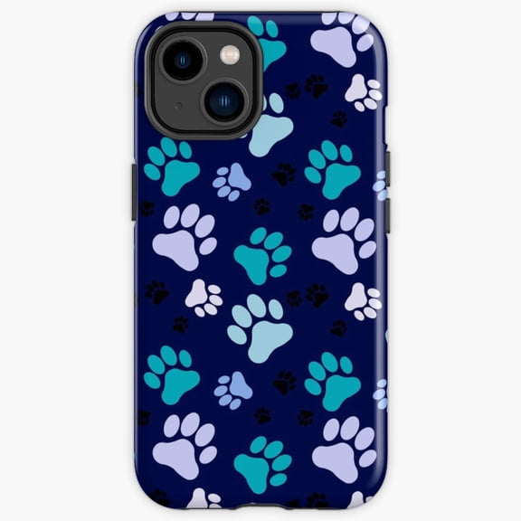 Protective iPhone Case Paw Print Blue Minimalist Animal Track Silhouette Pattern Shield IP13/14 Magnetic MagSafe Compatible