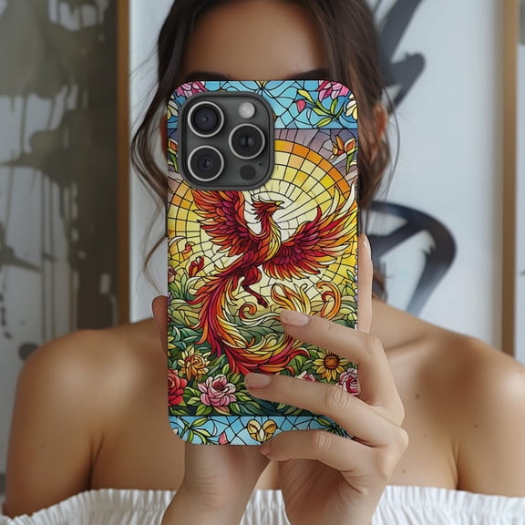 Protective iPhone Case Phoenix Phone Case Stained Glass Aesthetic Slim Cover IP15 Magnetic MagSafe Compatible