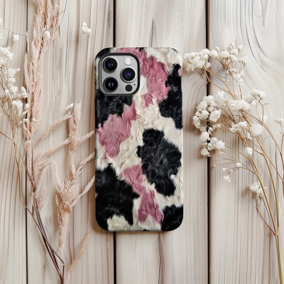 Protective iPhone Case Pink And Black Cow Print Protective Cell Phone Case Trendy Animal Cover IP13/14 Magnetic MagSafe Compatible