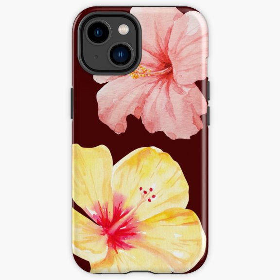 Protective iPhone Case Pink And Yellow Hibiscus Tropical Maroon Background Floral Heavy Duty Shockproof Hard Shell IP16 Magnetic MagSafe Compatible