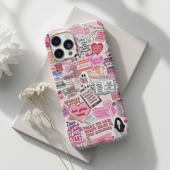 Protective iPhone Case Pink Bookish Collage Phone Case with Coquette Inspired Style Variant IP13/14 Magnetic MagSafe Compatible