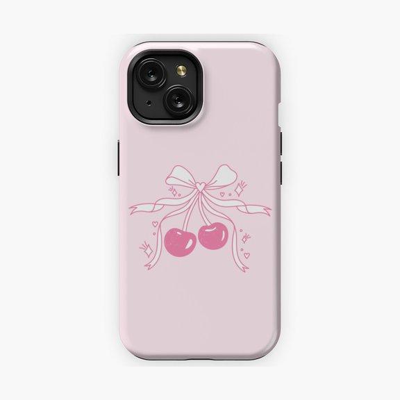 Protective iPhone Case Pink Cherries with Sparkles and Bow Fun Playful Look Phone Case IP15 Magnetic MagSafe Compatible