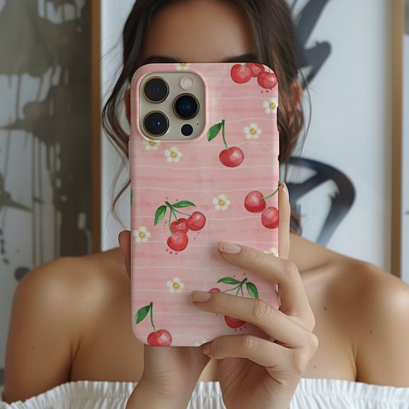 Protective iPhone Case Pink Cherry Pattern Phone Case with Ditsy Floral Design Array IP15 Magnetic MagSafe Compatible