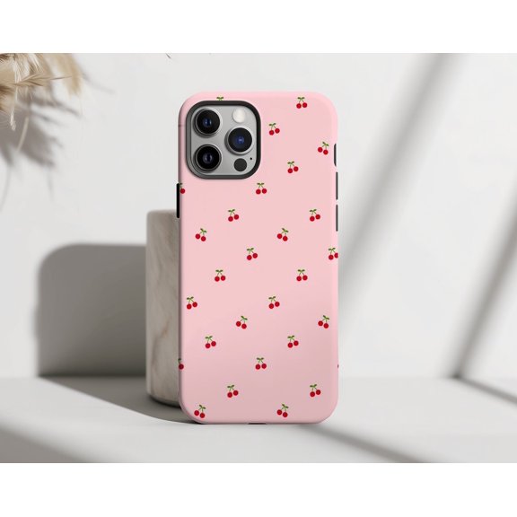 Protective iPhone Case Pink Cherry Pattern Phone Case with Fruity Spring Design IP15 Magnetic MagSafe Compatible