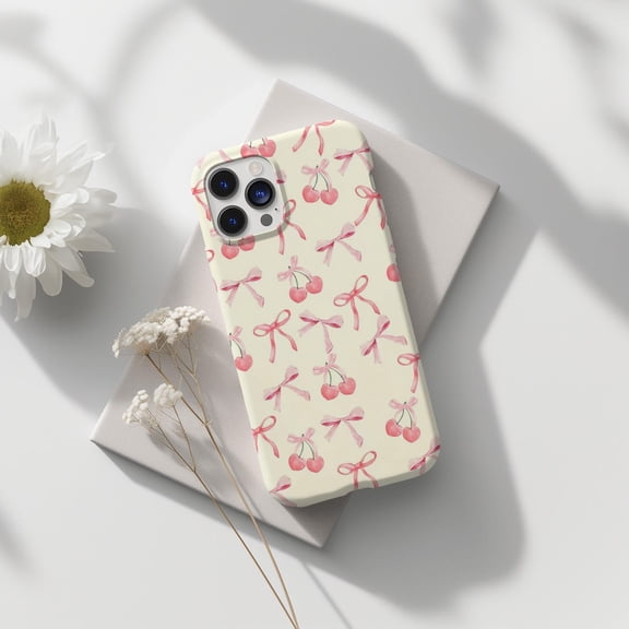 Protective iPhone Case Pink Cherry Phone Case with Berry Aesthetic Style Print IP13/14 Magnetic MagSafe Compatible