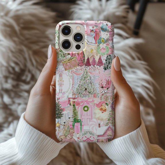 Protective iPhone Case Pink Collage Phone Case Gingerbread House Santa Claus IP15 Magnetic MagSafe Compatible